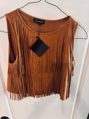 Merigold Kiss Fringe Suede-Look Sleeveless Top - Tanish-Brown
